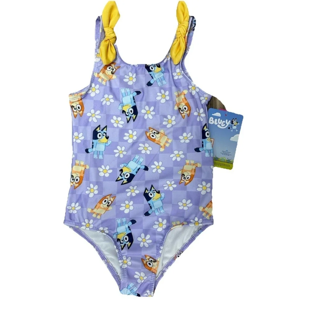 NWT Bluey Girls 5/6 One Piece Swimsuit UPF 50+ Purple Yellow Pool Beach
